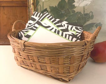 Vintage Rattan Wicker Basket With Handles, Catchall, Woven Planter, Boho Decor, Chinoiserie Rattan, Small Cachepot