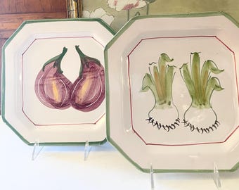 Two Vietri Vintage Italian Vegetable Plates, Vietri Wall Plates, Eggplant, Leeks, Kitchen Wall Decor, Handpainted Pottery, Gift For Gardener