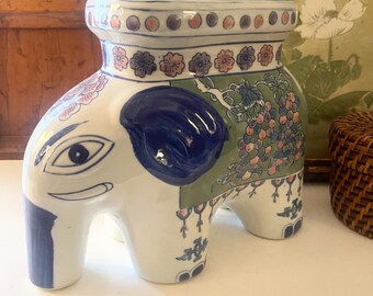 Vintage Elephant Boho Chinoserie Plant Stand, Hand Painted Elephant Figurine, Oriental Decor, Plant Stool, Nursery Decor, Garden Decor