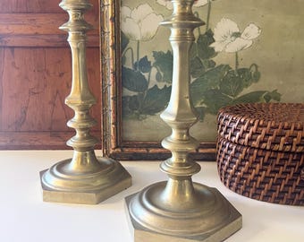 Vintage Pair of Virginia Metalcrafters Brass Candlesticks, Mantel Candle Holders, Hollywood Regency, Bookcase Decor, Grandmillennial