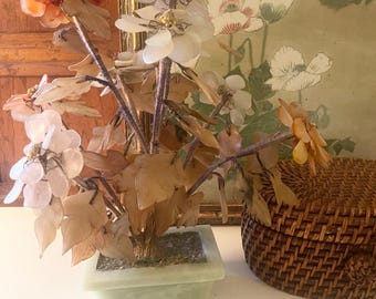 Vintage Stone Multi Leaf Oriental Tree, Chinoiserie Asian Decor, Carved Stone Leaves, Bonsai Tree, Jade Pot