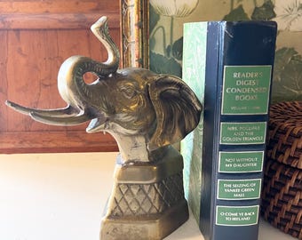 Vintage Brass Elephant Bookend Figurine, Boho Decor, Chinoiserie Decor, Etched Elephant Trunk Up, Bookcase Decor, Chinoiserie Chic