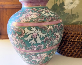 Vintage Pink and Teal Roses Macau Vase,  Hand Painted Ceramic, Grandmillennial Decor, Home Office Decor, Famille Rose Style