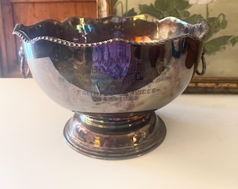 Vintage Silver Plated Footed Bowl,  Monogrammed Centerpiece Bowl, Hollywood Regency, Lion Head Cachepot, Punch Bowl, Silver Orchid Bowl