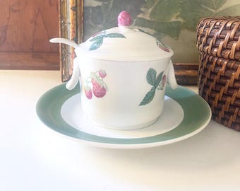 Vintage Mottahedeh Strawberry Jam Jar with Spoon, Summer Fruits, Strawberry Preserves Porcelain Pot, Alfresco Dining