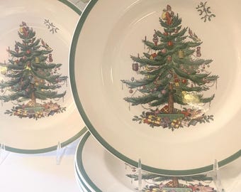 Vintage Spode England Set of Six Christmas Tree Dinner Plates, Holiday Dinnerware, Christmas China