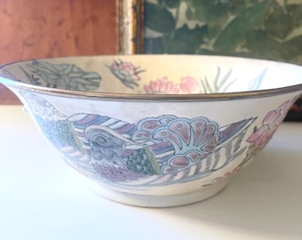 Vintage Decorative Macau Famille Rose Quail Birds and Floral Bowl, Hand Painted Chinoiserie Chic Coffee Table Decor, Grandmillennial Decor