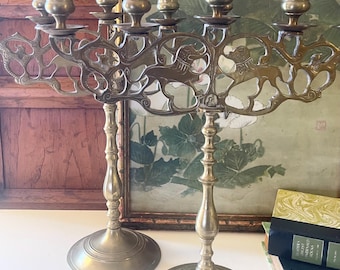 Vintage Pair of Brass Candelabra, Foo Dog Motif, Gothic Decor, Judah 5 Arm Sabbath Candle Holder