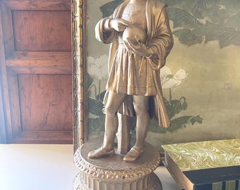 Tall Vintage Christopher Columbus Cast Metal Figurine, Explorer, Gold Finish