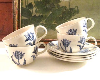 Four Vintage Royal Stafford "Tulipa" Cups & Saucers, Made in England, Blue White Decor, English Earthenware, Spring Dinnerware