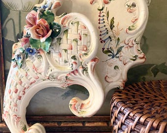 Vintage Italy Capodimonte Style Porcelain Wall Pocket, Basket Weave and Floral Wall Gallery Decor, Rococo Decor