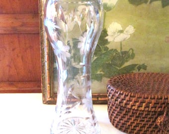 Vintage Tall American Brilliant Cut Glass Crystal Vase, Corset Style, Floral Wheat Design, Valentine's Day Gift, Flower Vase, Victorian