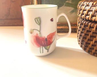 Vintage Floral Coffee Mug, England Ironstone Mug, English Poppy Floral Mug,