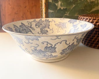 Vintage Decorative Blue and Beige Melon and Butterfly Bowl, Hand Painted Chinoiserie Chic Coffee Table Decor, Grandmillennial Decor, Macau