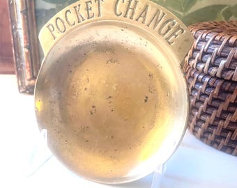 Vintage Brass Pocket Change Tray, Round Trinket Tray, Heavyweight Valet Tray, Brass Decor, Gift for Him, Brass Catchall, Home Office Decor
