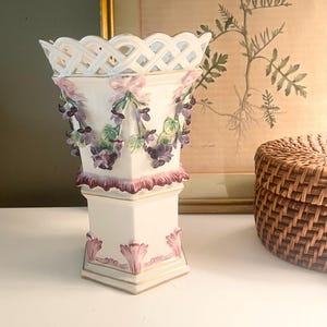 Vintage Italian Pedestal Vase, Romantic Pink Bows, Purple Violets Flower Pot, Grandmillennial Gift