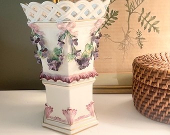 Vintage Italian Pedestal Vase, Romantic Pink Bows, Purple Violets Flower Pot, Grandmillennial Gift