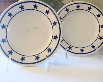 Two Vintage Homer Lauglin Manhattan "Blue Star", Blue And White Diner Small Plates, Appetizer Plates, Restaurant Ware,