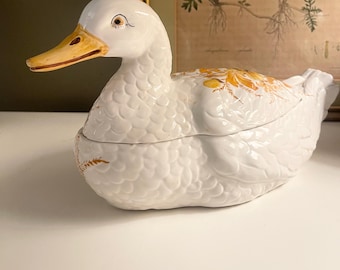Vintage Italian Pottery Duck Trinket Box, Hand-Painted Floral Decor
