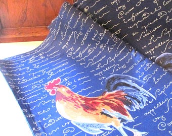 Set of Four French Chic Rooster Placemats, Cotton Blue and White Table Linens, Farmhouse Kitchen Decor