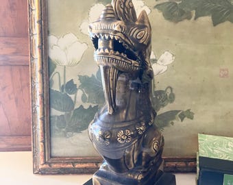 Vintage Thai Celadon Foo Dragon Sculpture, Chinese Guardian Lion, Chinoiserie Chic Decor, Hollywood Regency