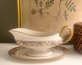 Vintage Morgan Belleek USA, "Victoria" Gravy Boat with Attached Underplate, Fruit Baskets and Roses, Grandmillennial Dining