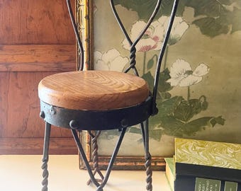 Vintage Parlor Ice Cream Style Plant Stand, Mini Wrought Iron and Wood Chair, Doll Chair, Cottage Core Stand