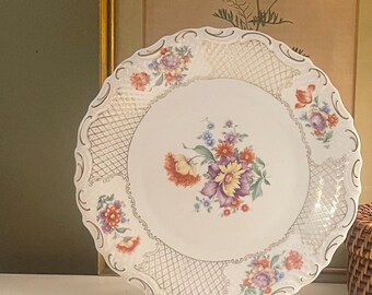 Vintage Schumann Bavaria, Floral Round Serving Plate, Gold Trim
