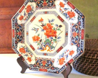 Vintage Japanese Porcelain Decorative Plate and Wood Easel, Imari Style Chinoiserie  Display Plate, Oriental Decor