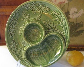 Vintage Bordallo Pinheiro Chip and Dip Majolica Platter, Dip and Vegetable Tray, Tuscany Dining