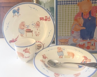 Vintage Villeroy & Boch "Family Bears" Child's Dinnerware, Metal Lunch Box, Nursery Gift, Three Bears, Children Lunch Set