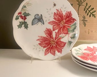 Four NOS Vintage Lenox ‘Winter Meadow” Accent Plates, Poinsettia Holiday Mugs, Christmas Flower