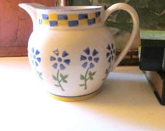 Vintage Laura Ashley "Annabel" Yellow, White and Blue Pitcher, 32 Ounce Hand Decorated In England, Farmhouse Chic, Grandmillennial Decor