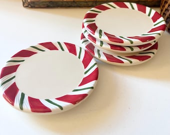 Vintage Set of Four Longaberger Pottery Coasters, Christmas Coasters, "Peppermint Twist" Red & Green Coasters,