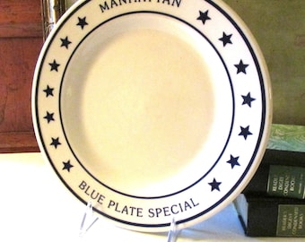 Vintage "Manhattan Blue Plate Special" Dinner Plate, Blue and White Bistro Kitchen, Restaurant Ware,  Homer Laughlin, USA