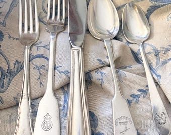 Vintage Five Piece Hotel Silver Plated Place Setting, English, French and American Flatware Mix, Curated Ornate Mismatched Silver Flatware
