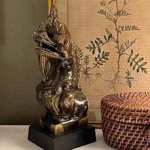 Vintage Thai Celadon Foo Dragon Sculpture, Chinese Guardian Lion, Hollywood Regency