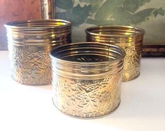 Vintage Hosley Brass Trio of Small Vintage Planters, Chinoiserie Brass Decor, Boho Brass, 5",4.5" and 4" Diameter Planters