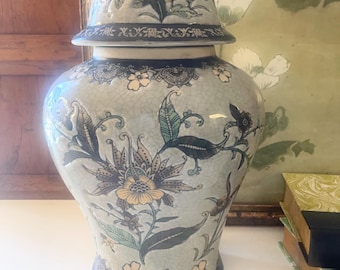 Vintage Chinoiserie 14" Ginger Jar Vase, Imperial Peony Collection, Formalities by Baum Brothers, Green, Yellow and Lavender, Mantel Decor