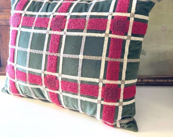 Holiday Red and Green Pillow, Christmas Red Plaid, New With Tags, 14" x 18" Pillow, Chenille and Green Velvet Throw Pillow