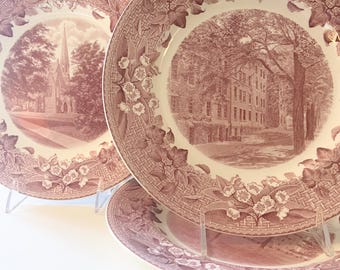 Three Vintage Wedgwood England Wesleyan University Red Transfer Ware Plates, Centennial Plates, 1931, Mulberry Collection Souvenir Plates