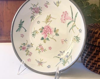 Vintage Floral and Insect Pewter Metal Encased Decorative Bowl, Pastel Spring Coffee Table Decor, Pink Carnations, Crickets, Butterfly