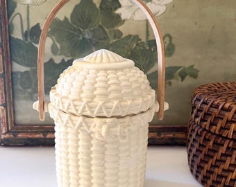 Vintage PartyLite Nantucket Basket, Porcelain Bisque Tealight Holder With Lid And Handle, Nautical Beach Decor, Beach House Gift