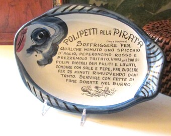 Vintage Italian Octopus and Pasta Recipe Plaque, Pottery Wall Hanging, Blue White Kitchen Decor. Taormina Pottery