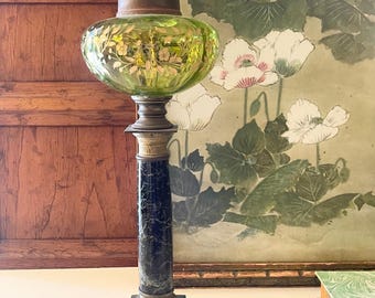 Vintage Napoleon Style Oil Lamp Base Sculpture, Table Decor, Green Marble and Doric Column Stand, Hollywood Regency,