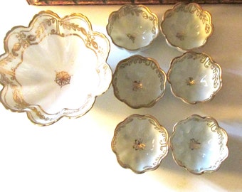 Antique Nippon Porcelain Nut Bowl Set, Hand Painted Scallop Rim, Gilded Condiment Footed Bowls
