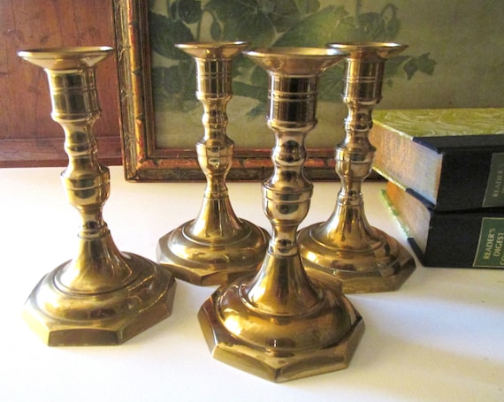 Vintage Set of Four Brass Candlesticks, Candle Holders, Hollywood Regency,  Library Decor, Mantel Decor 