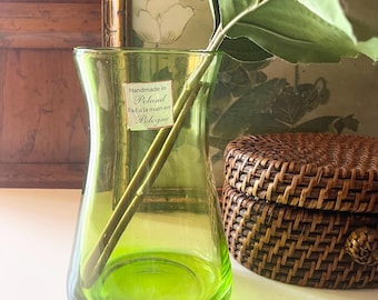 Vintage Hand Made Green Glass Vase, Portugal Made, Empoli Style