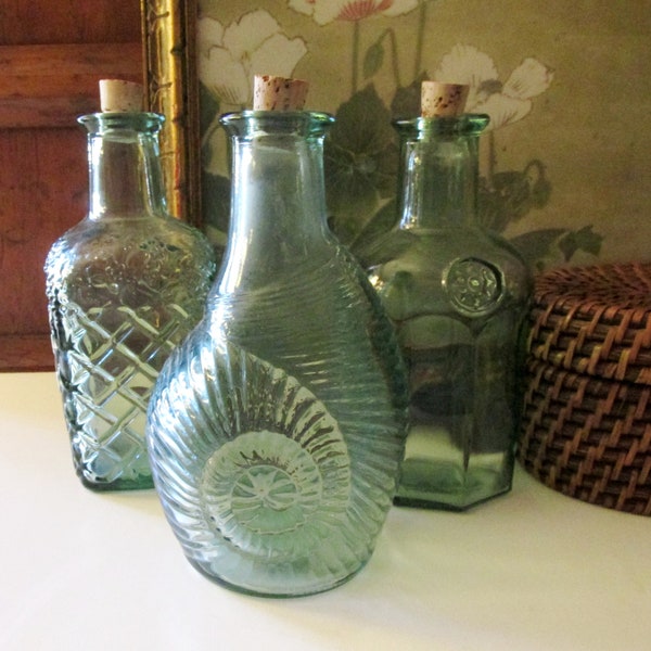 Vintage Libbey Glass Green Recycled Bottle, Tuscany Decor, Your Choice, Snail, Wine, or Seal, Oil Bottle