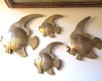Vintage Set of Four Brass Angel Fish Wall Decor, Beach Or Lake House Decor, Fish Wall Plaques